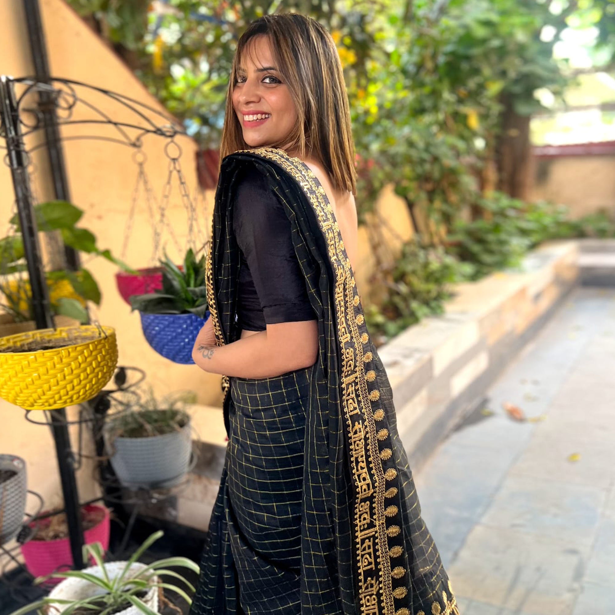 Black Checks With Embroidered Border Modal Saree