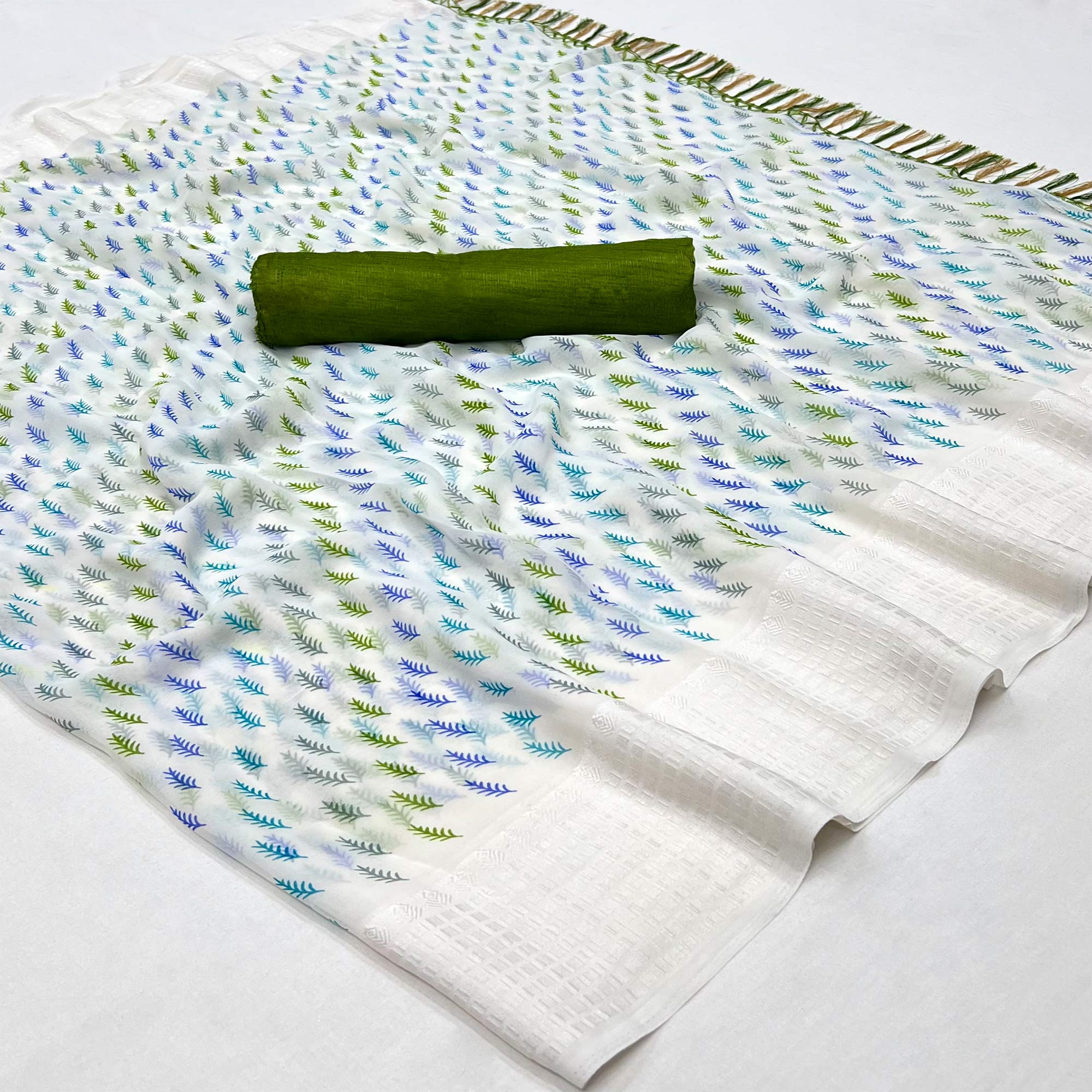 White Printed With Checks Border Georgette Saree