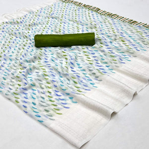 White Printed With Checks Border Georgette Saree