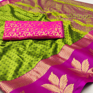 Green Woven Cotton Silk Saree With Tassels