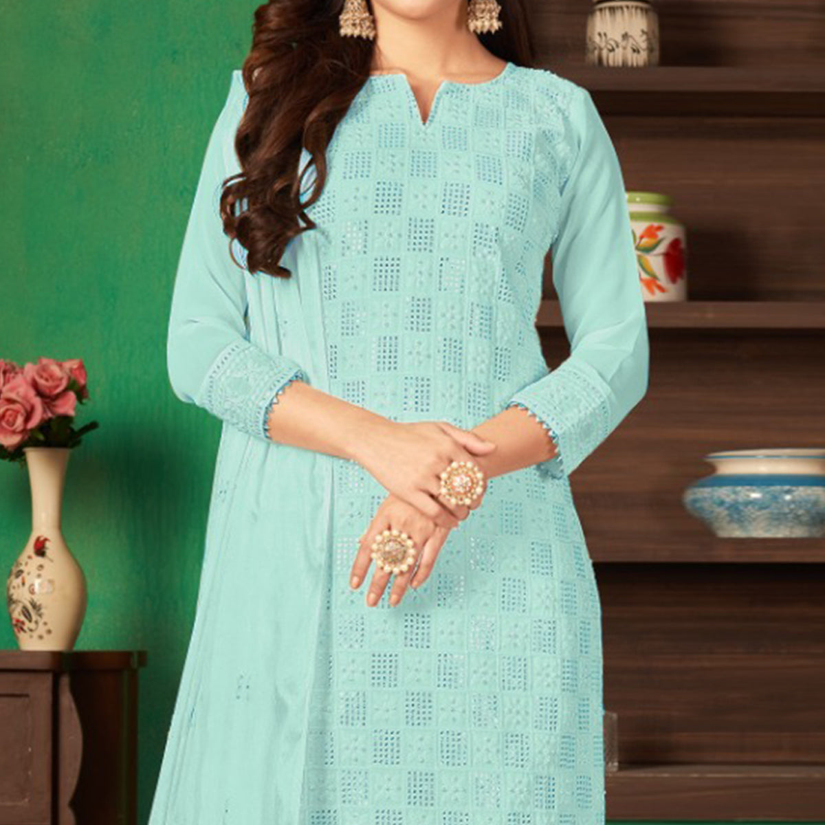 Aqua Blue Sequins Embroidered Georgette Suit