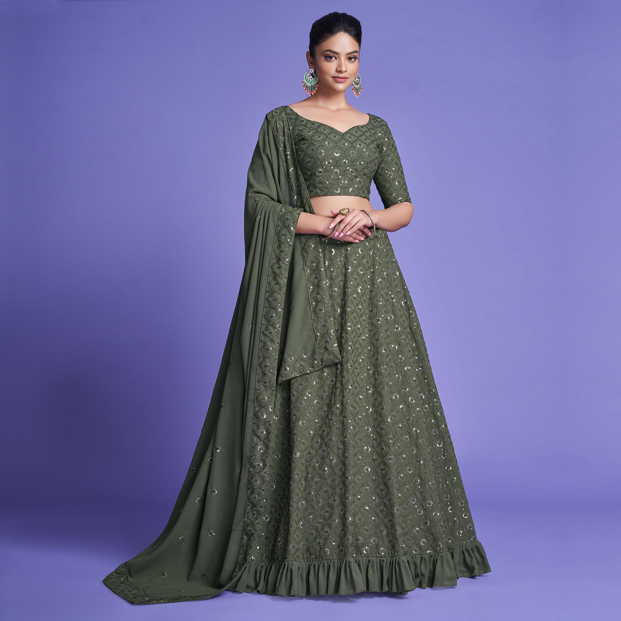 Mahendi Green Sequins Embroidered Georgette Lehenga Choli