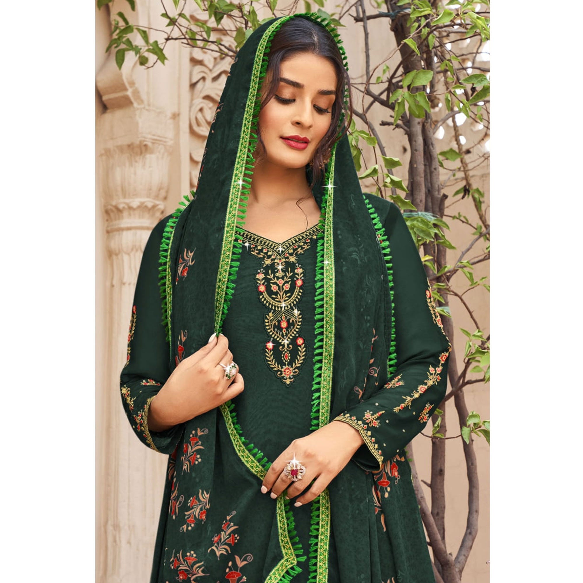 Green Floral Embroidered Crepe Patiala Suit