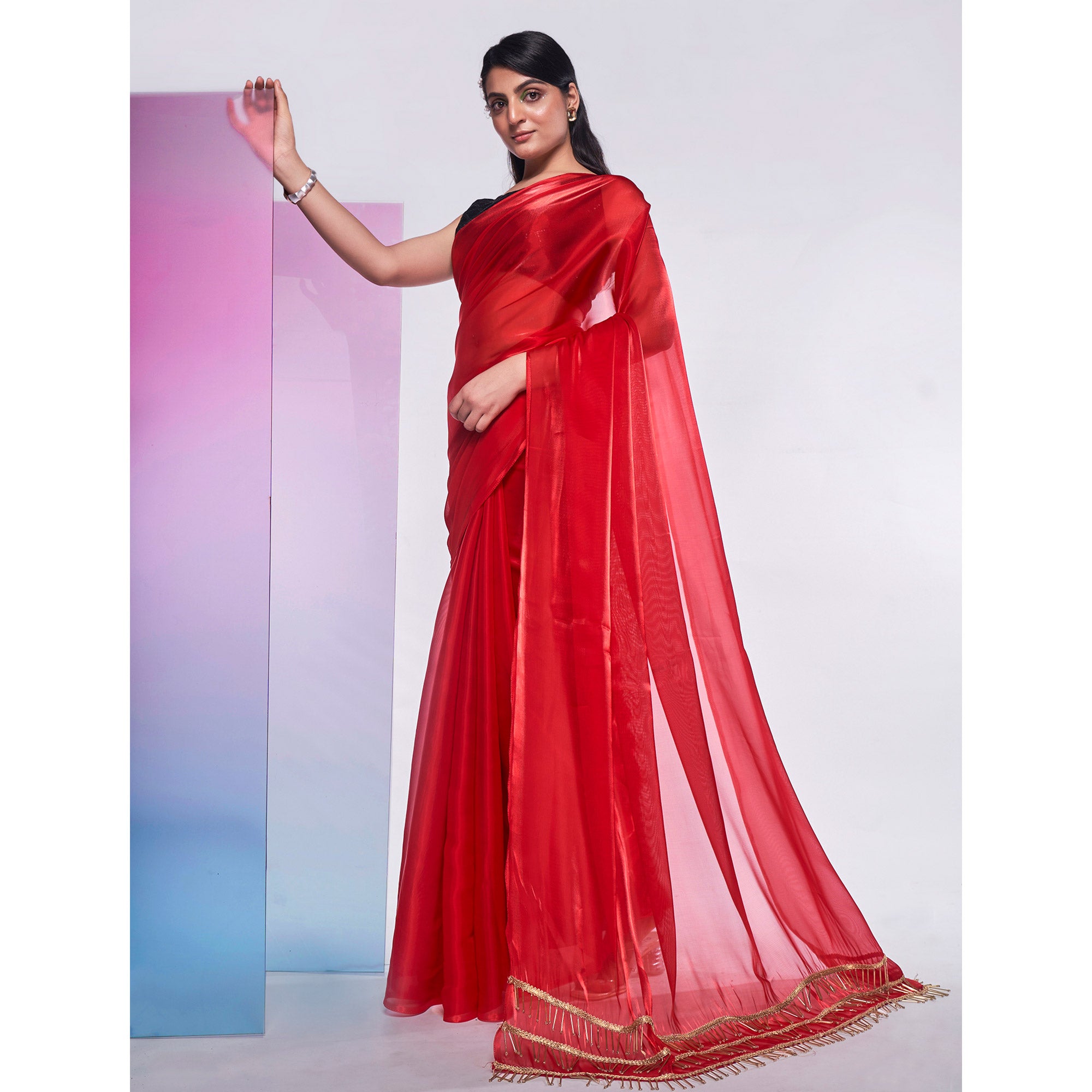 Red Solid Organza Saree With Tassels