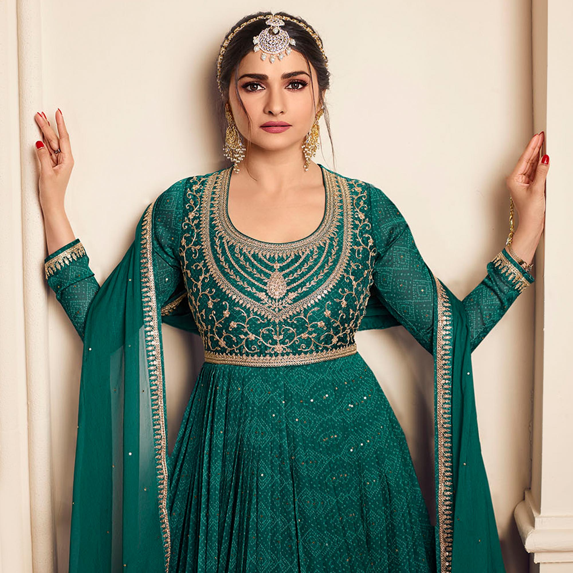 Aqua Green Printed With Embroidered Chiffon Gown