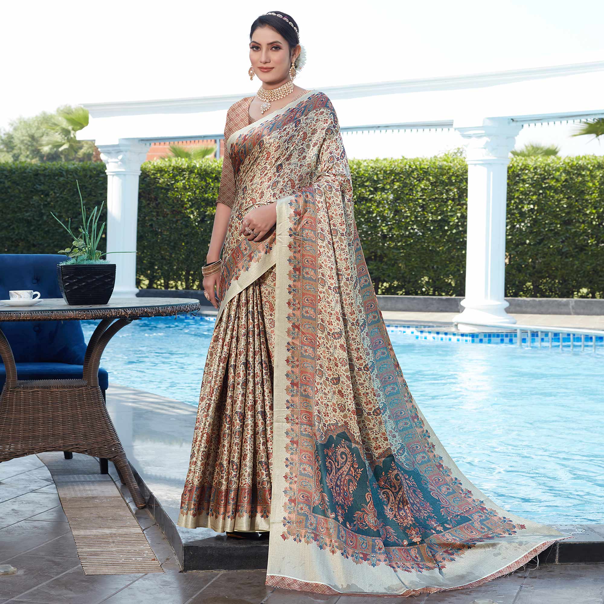 Beige Digital Printed Pashmina Saree