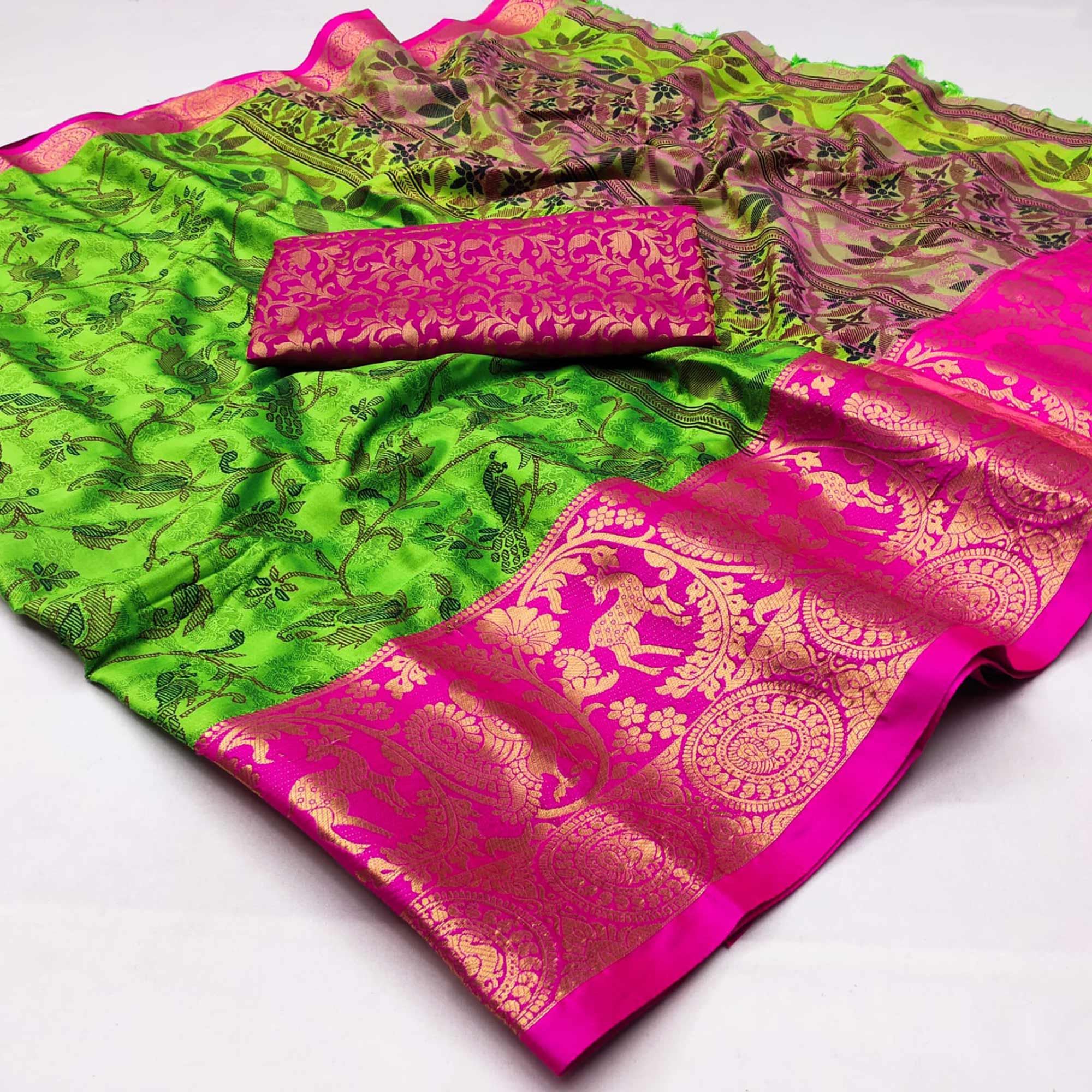 Parrot Green Printed With Woven Border Cotton Silk Saree