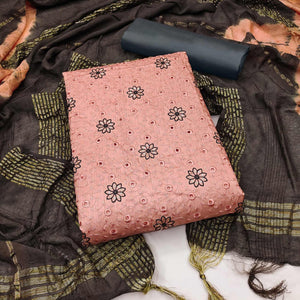 Peach Embroidered Raw Silk Dress Material