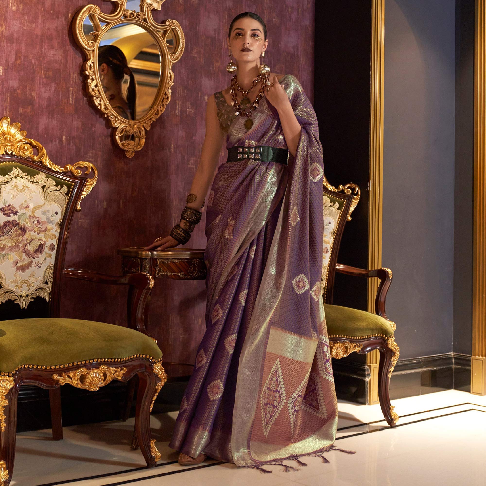Purple Woven Art Silk Saree With Tassels