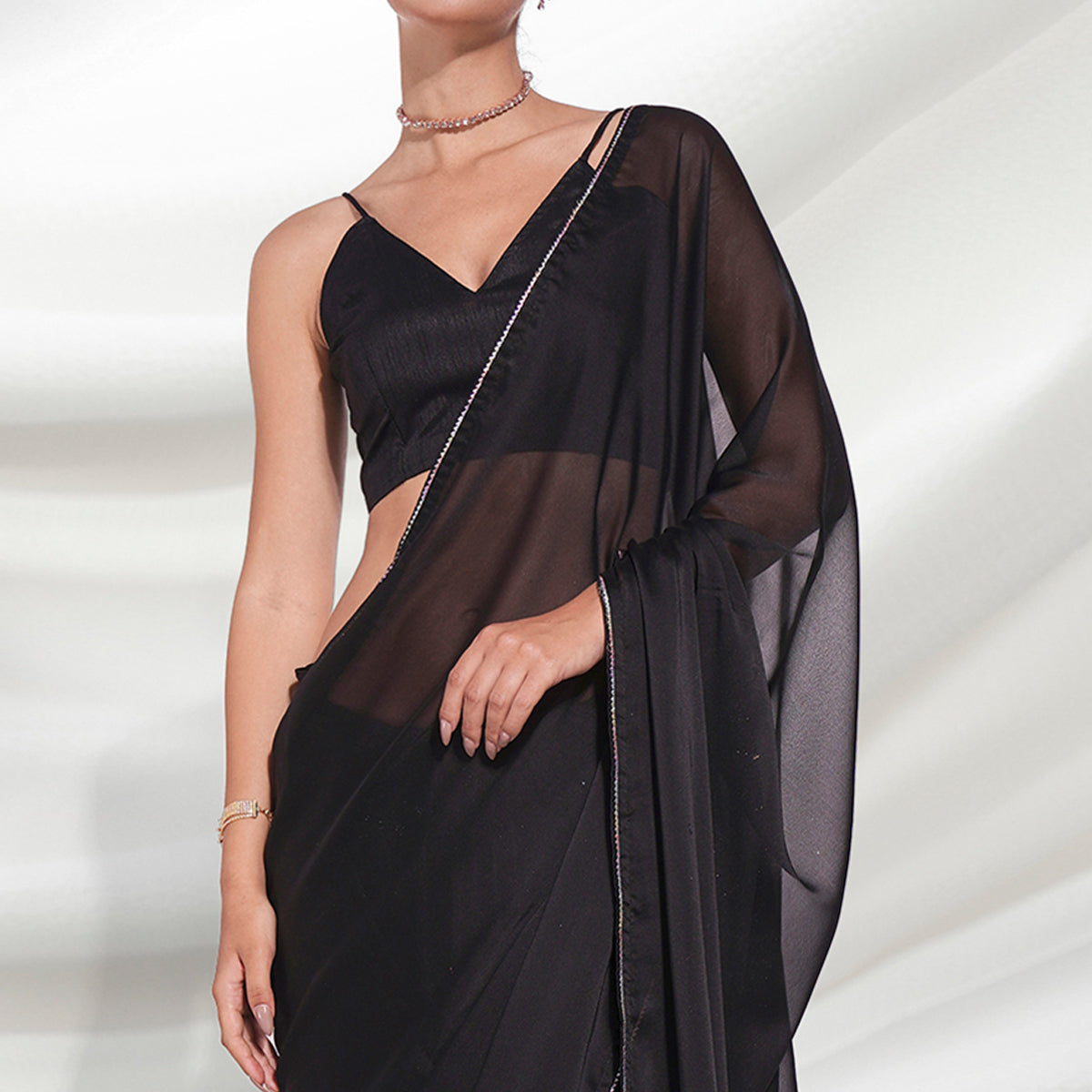 Black Solid Georgette Saree With Fancy Border
