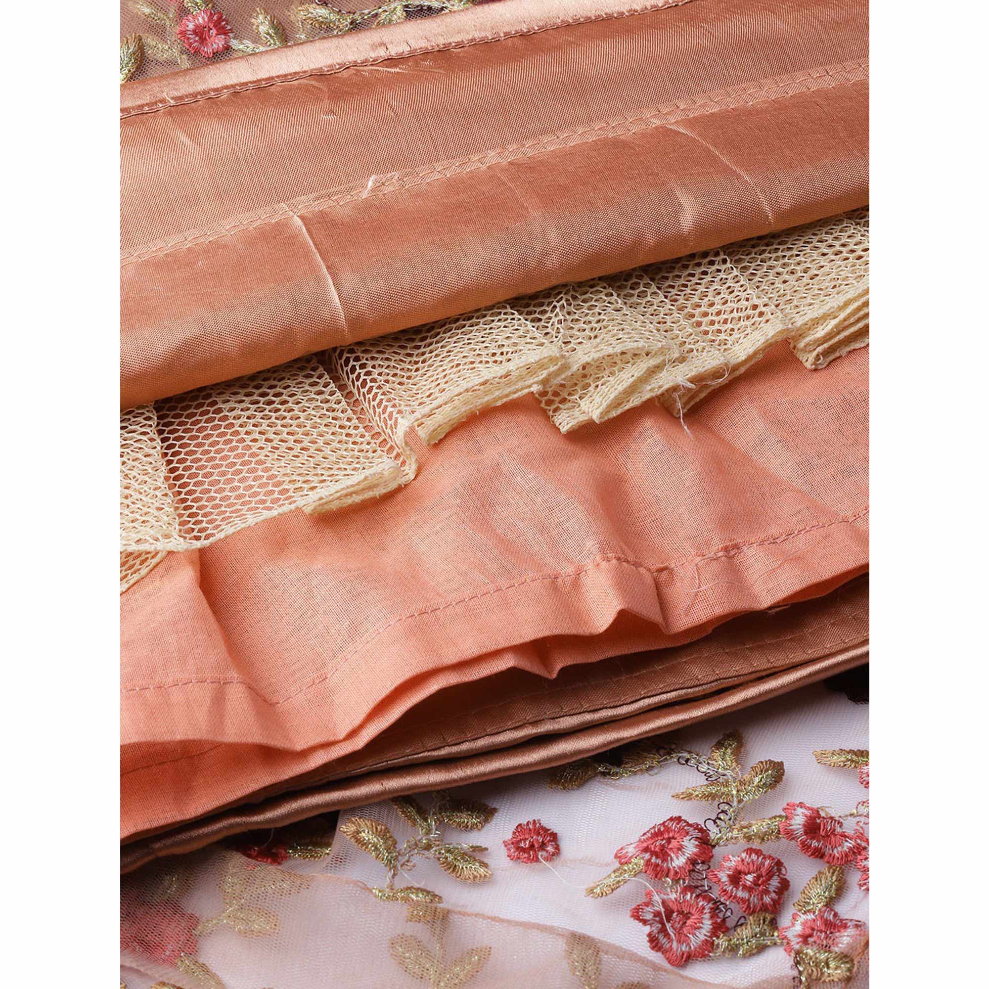 Peach Floral Embroidered Netted Lehenga Choli