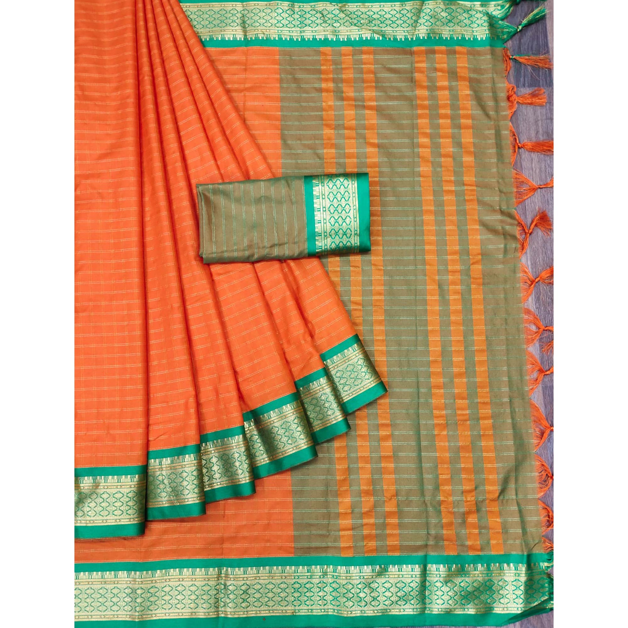 Orange Checks With Woven Border Cotton Silk Saree