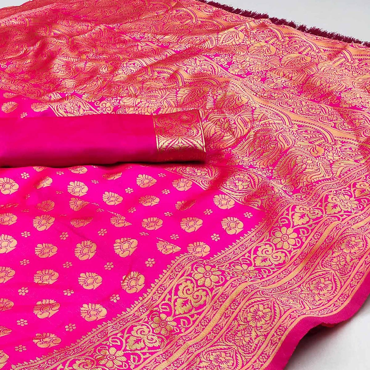 Magenta Pink Woven Jacquard Saree With Tassels