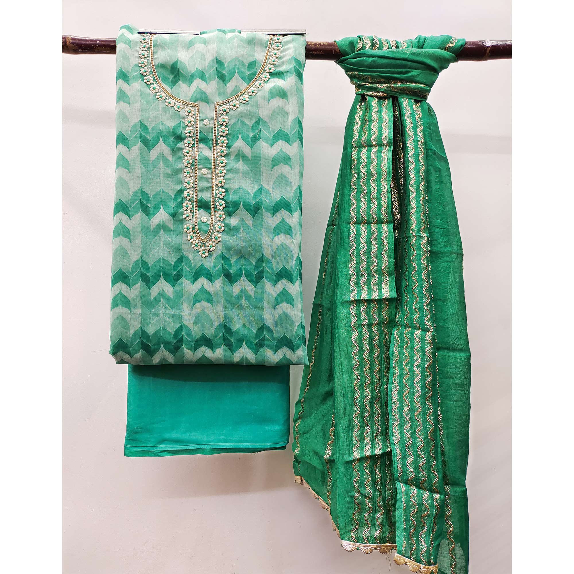 Green Printed With Handwork Modal Dress Material