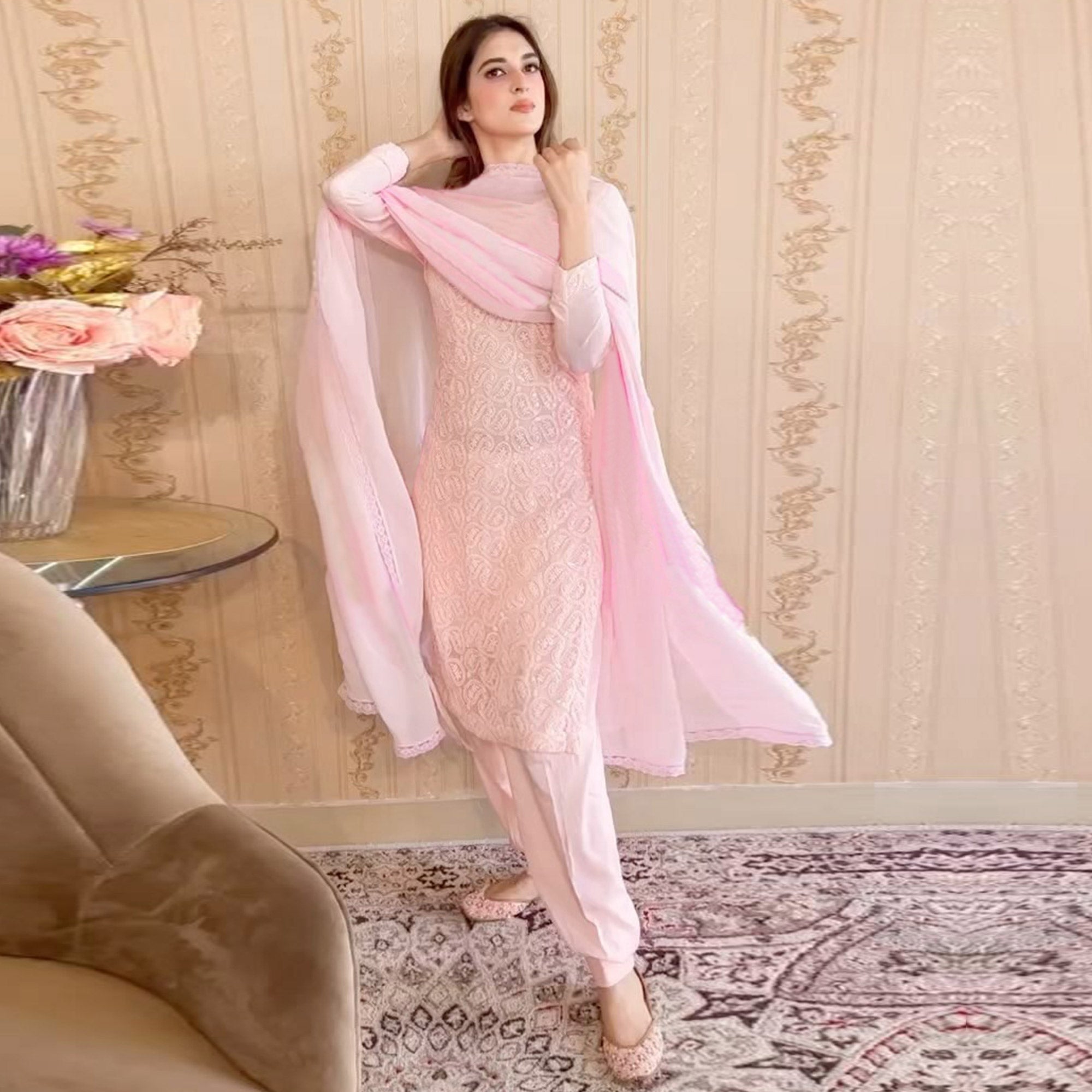 Pink Lucknowi Chikankari Work Georgette Salwar Suit