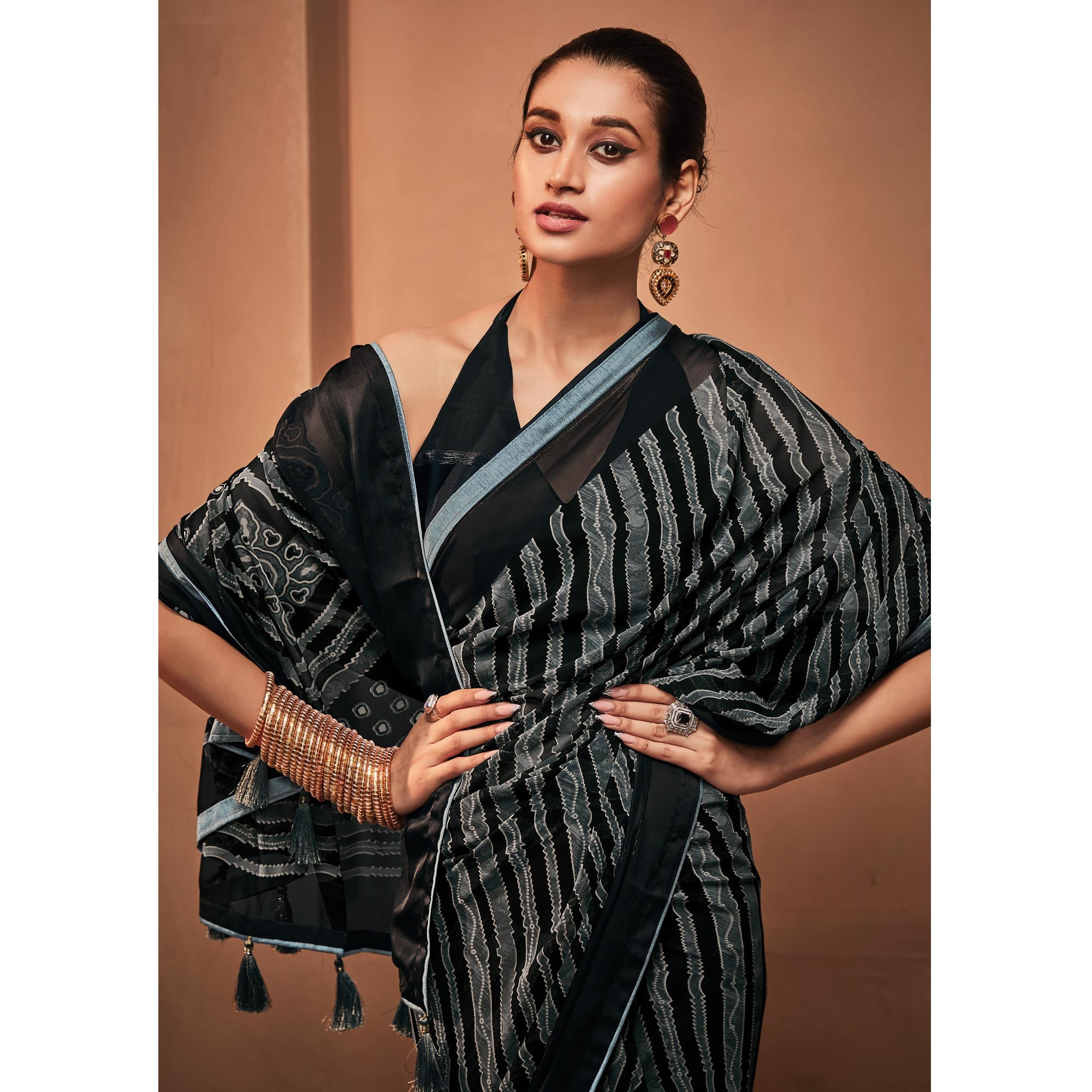 Black Printed Georgette Saree With Tassels