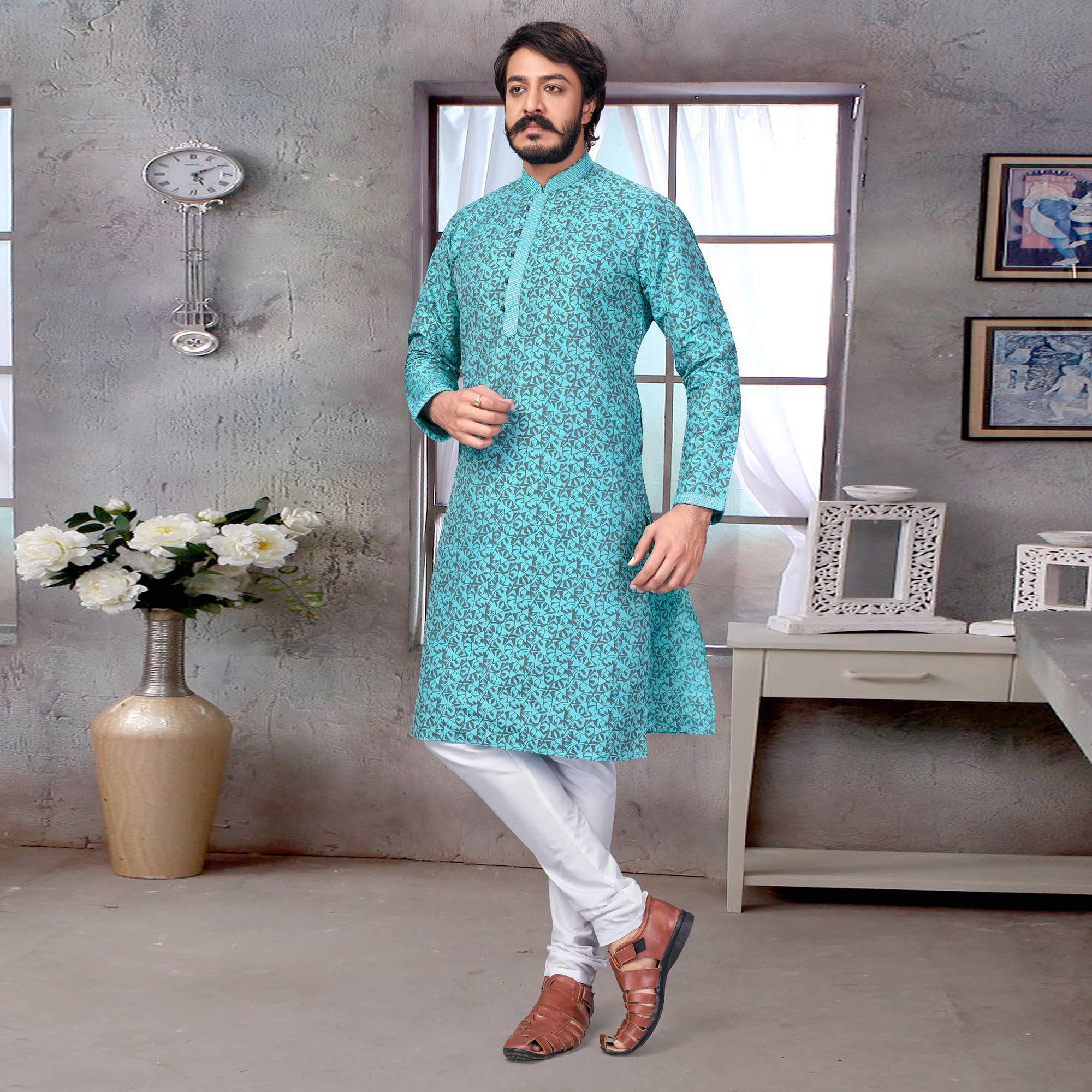 Blue Printed Jacquard Kurta Pyjama Set