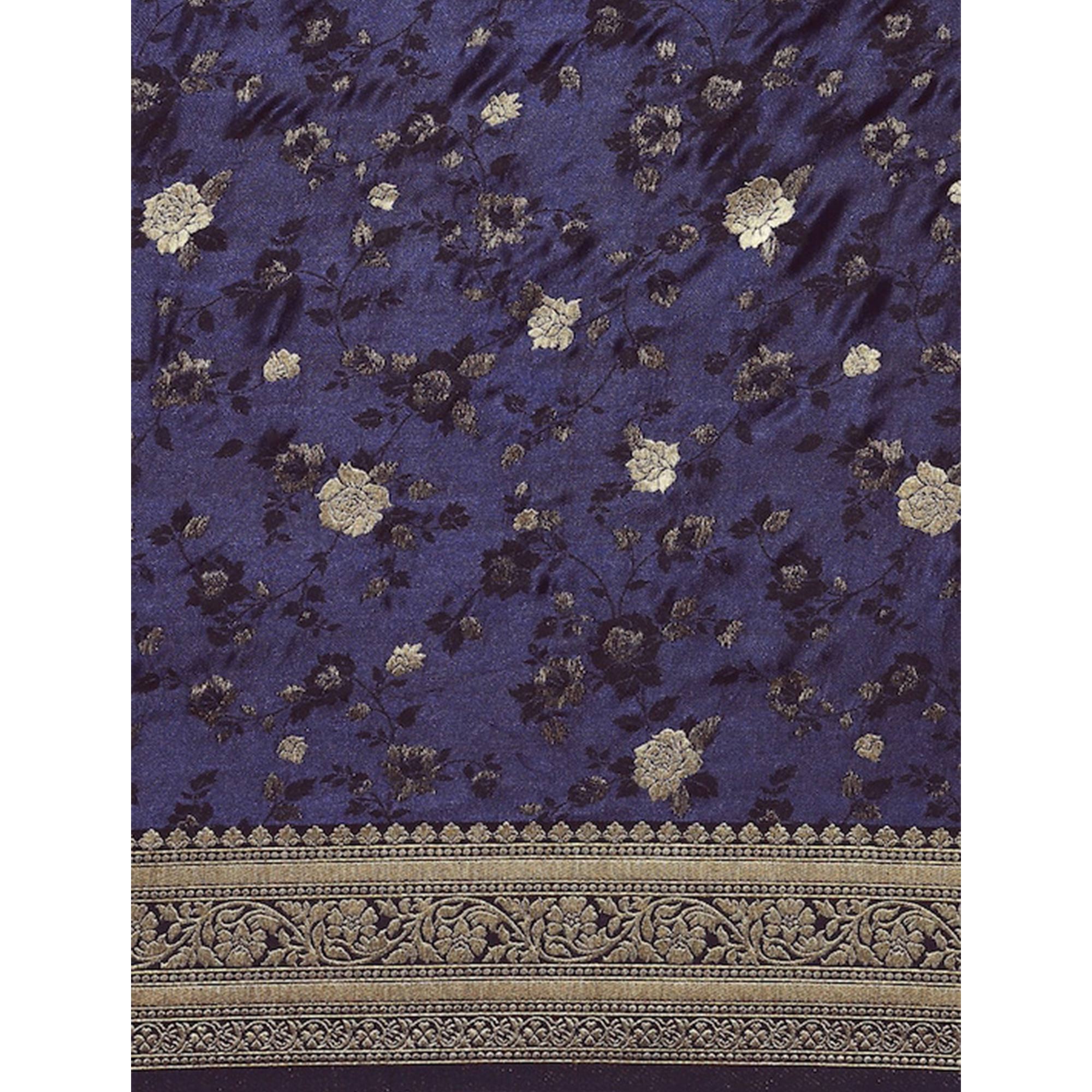 Navy Blue Woven Kanjivaram Silk Saree WithTassels