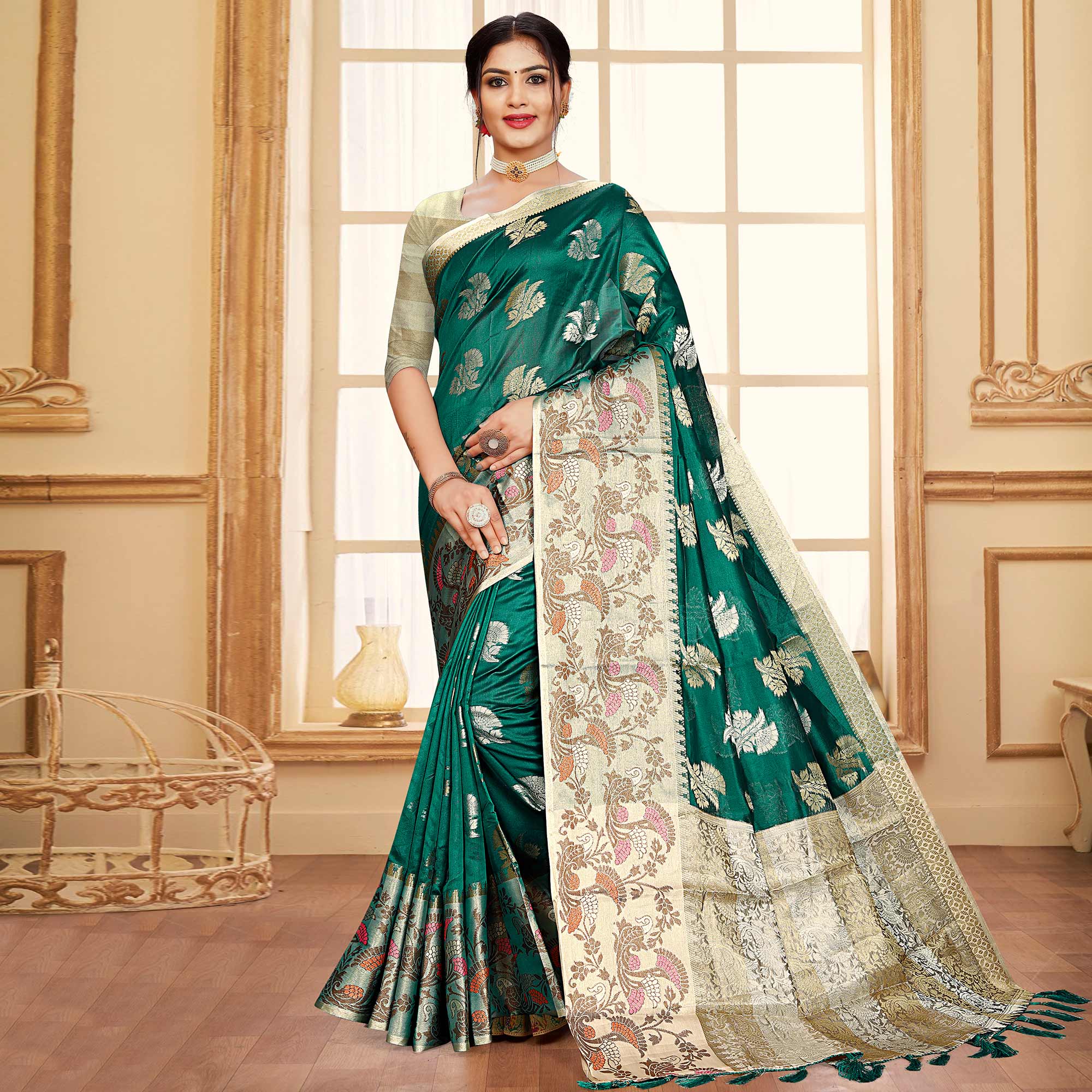 Green Floral Woven Organza Saree With Tassels