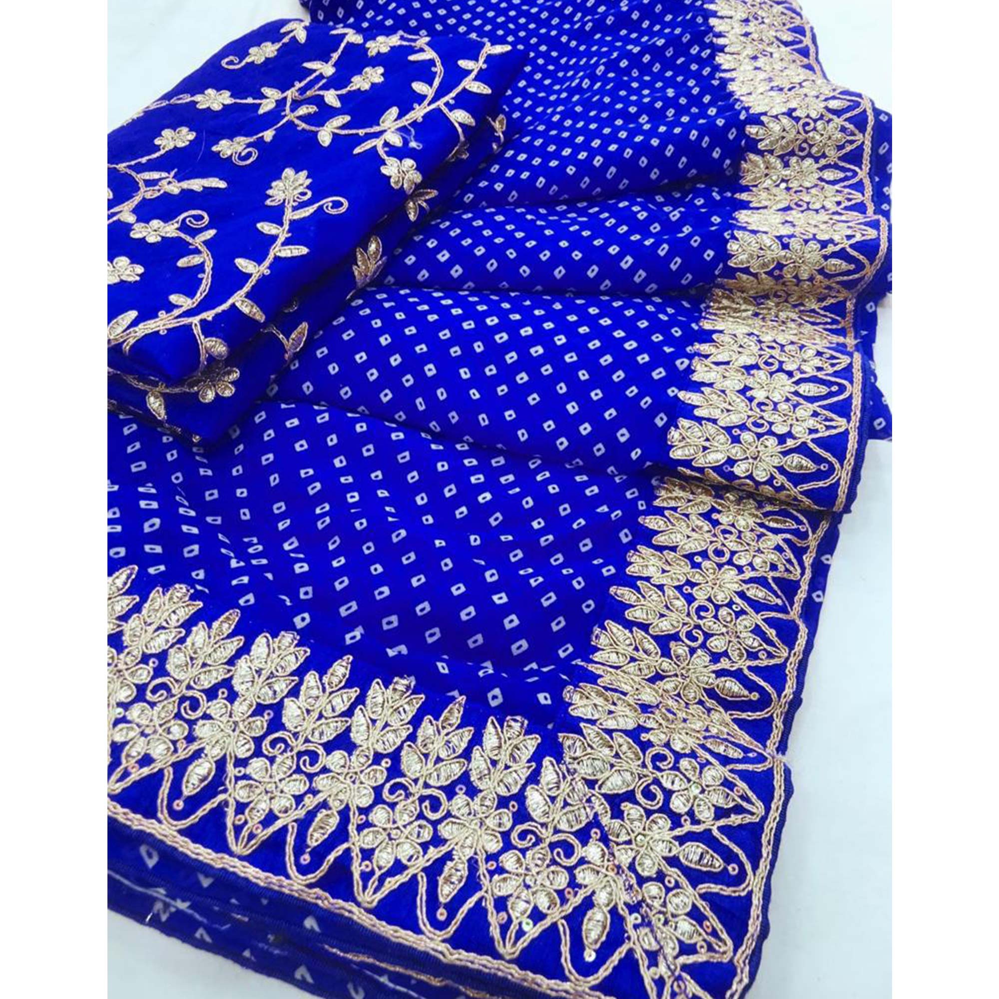 Blue Bandhani Printed With Embroidered Border Georgette Saree