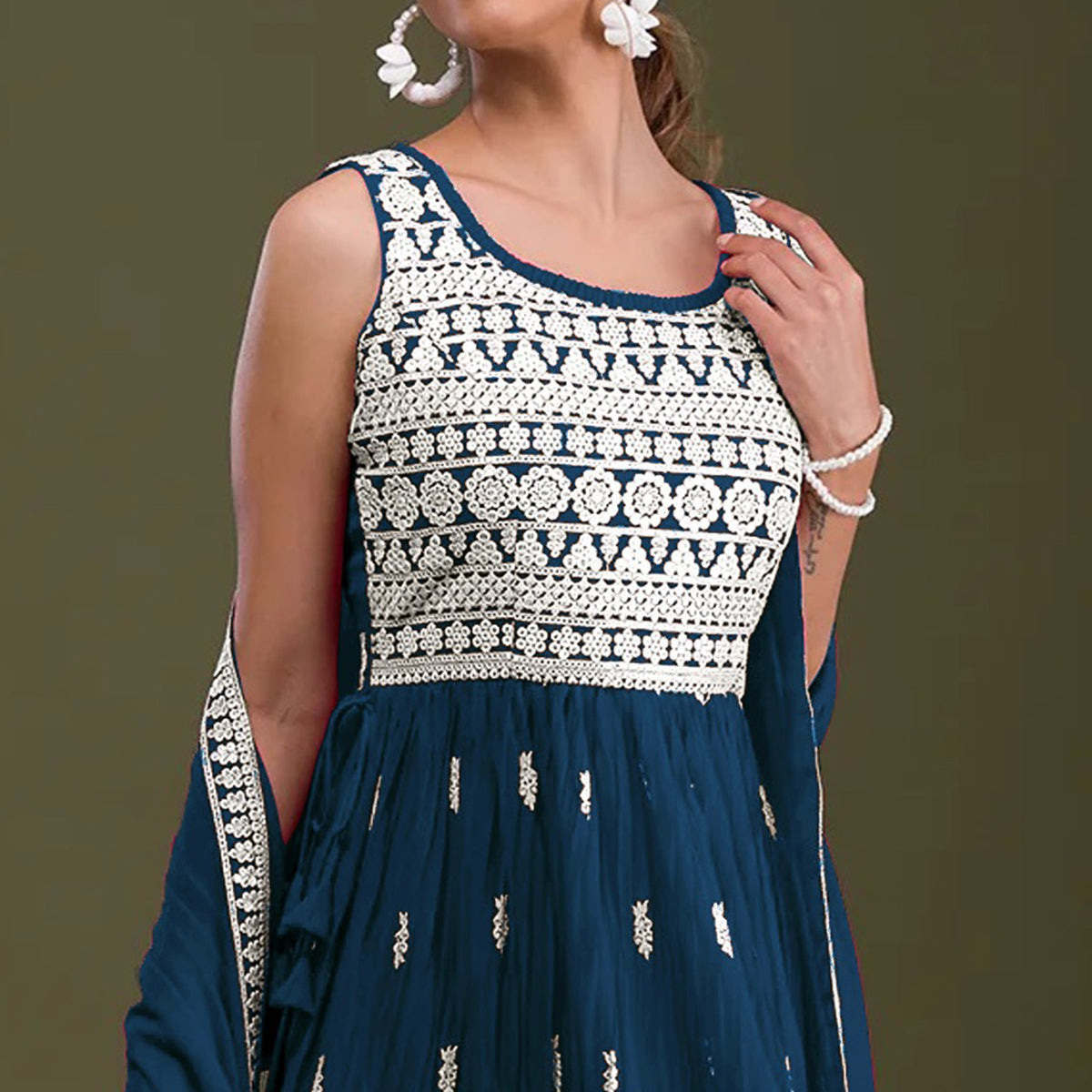 Blue Embroidered Georgette Naira Cut Semi Stitched Palazzo Suit