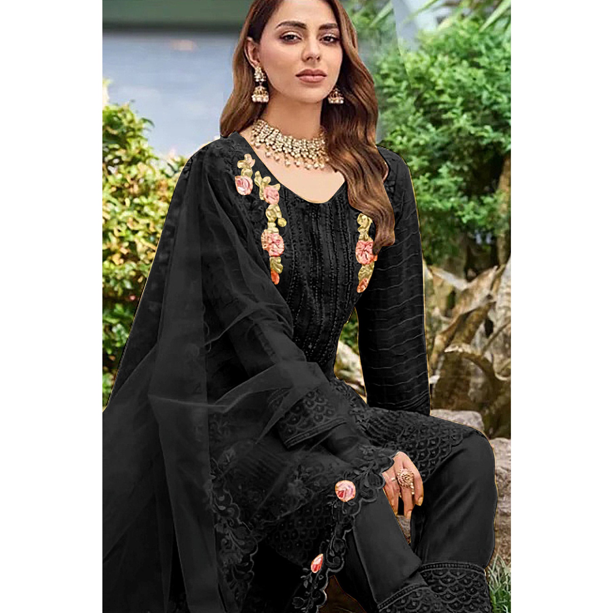 Black Floral Embroidered Organza Pakistani Suit