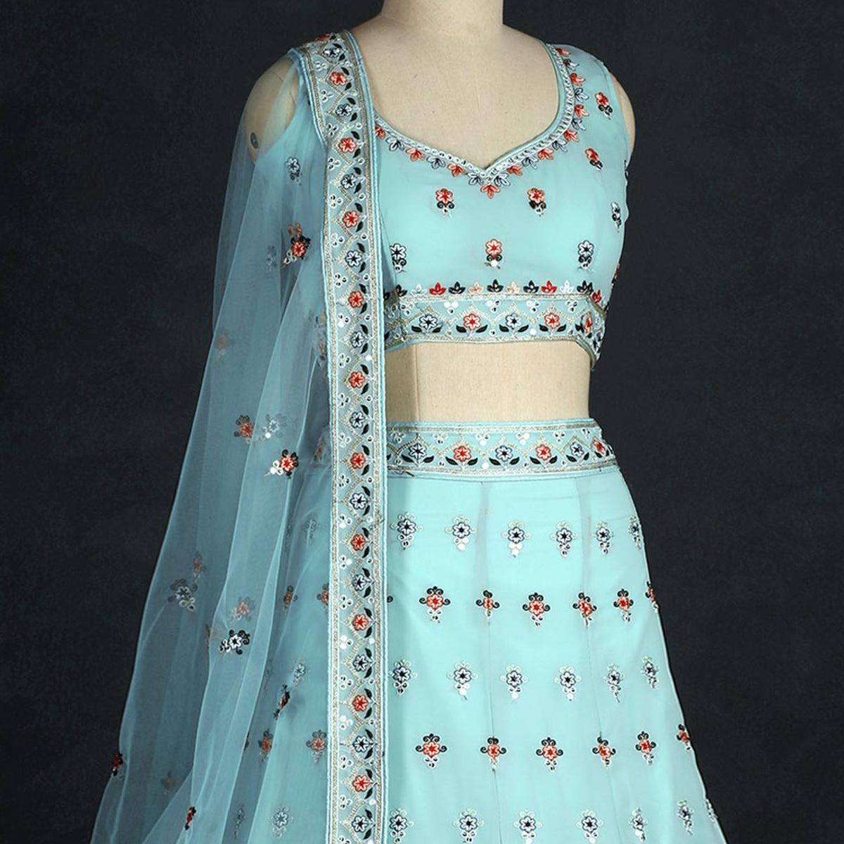 Aqua Blue Sequins Embroidered Georgette Lehenga Choli