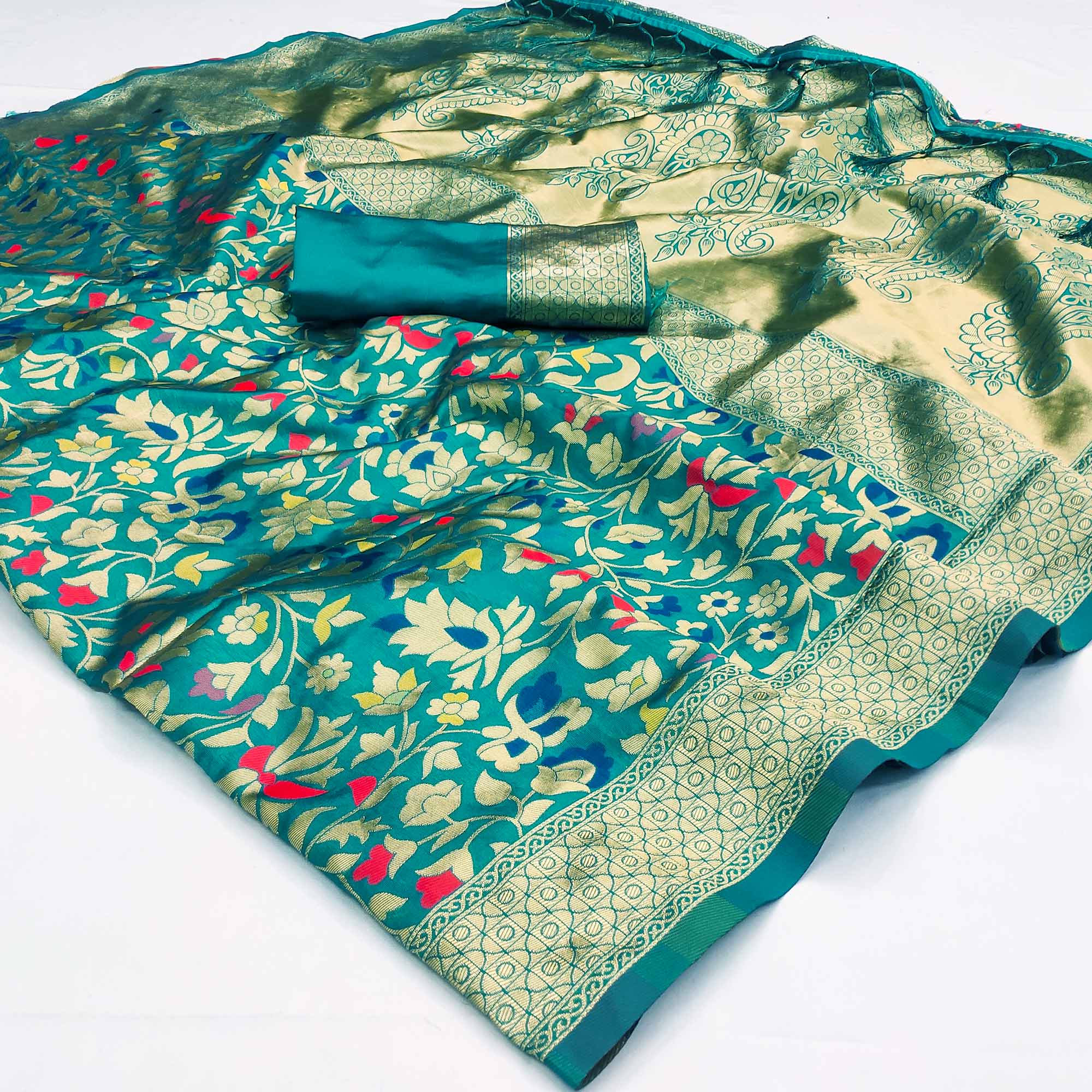 Rama Green Floral Woven Art Silk Saree