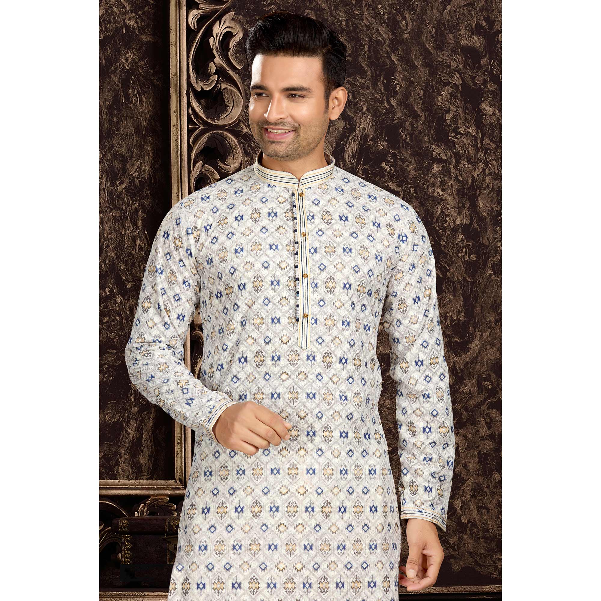 White Lucknowi And Digital Printed Cotton Kurta Pyjama Set