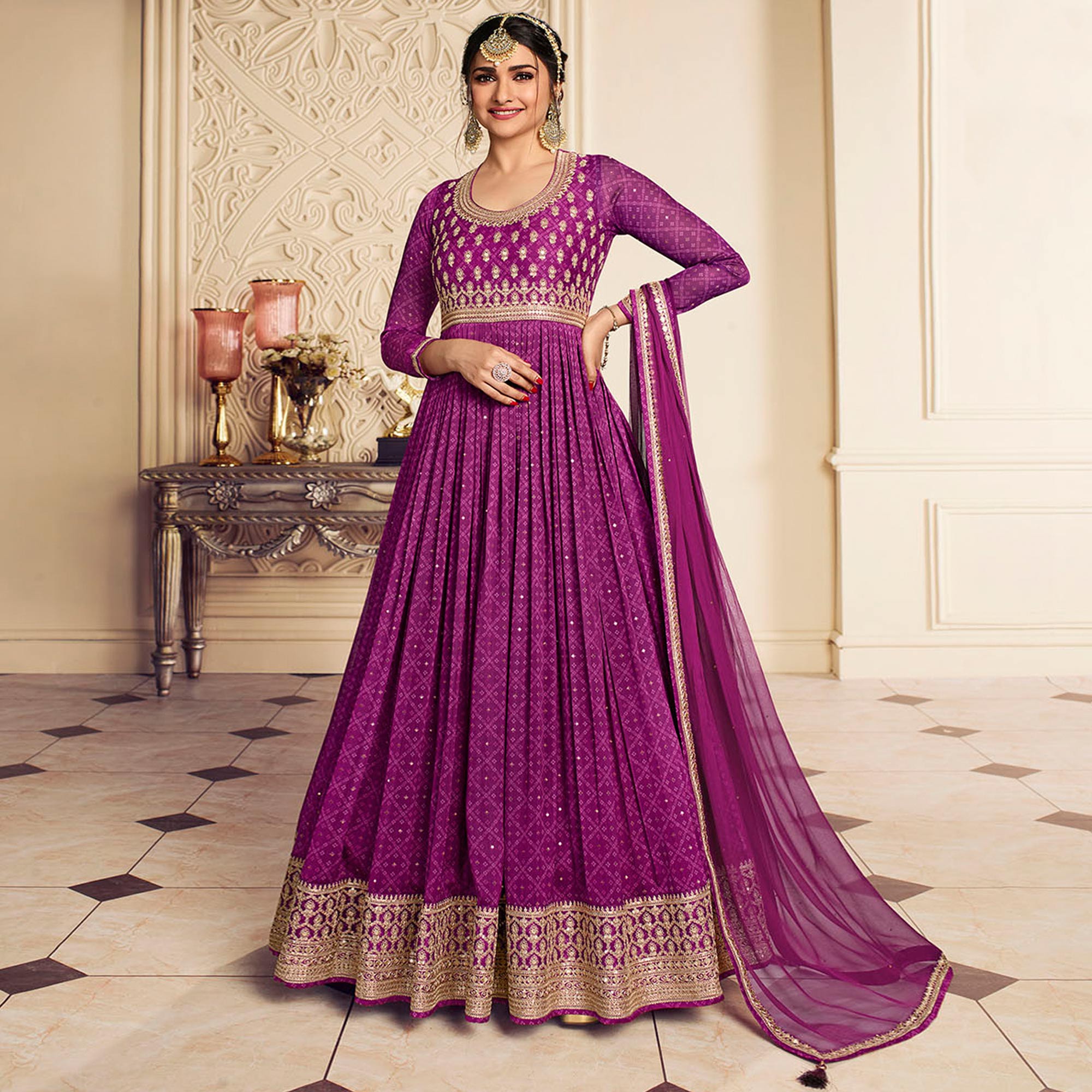 Purple Printed With Embroidered Chiffon Gown