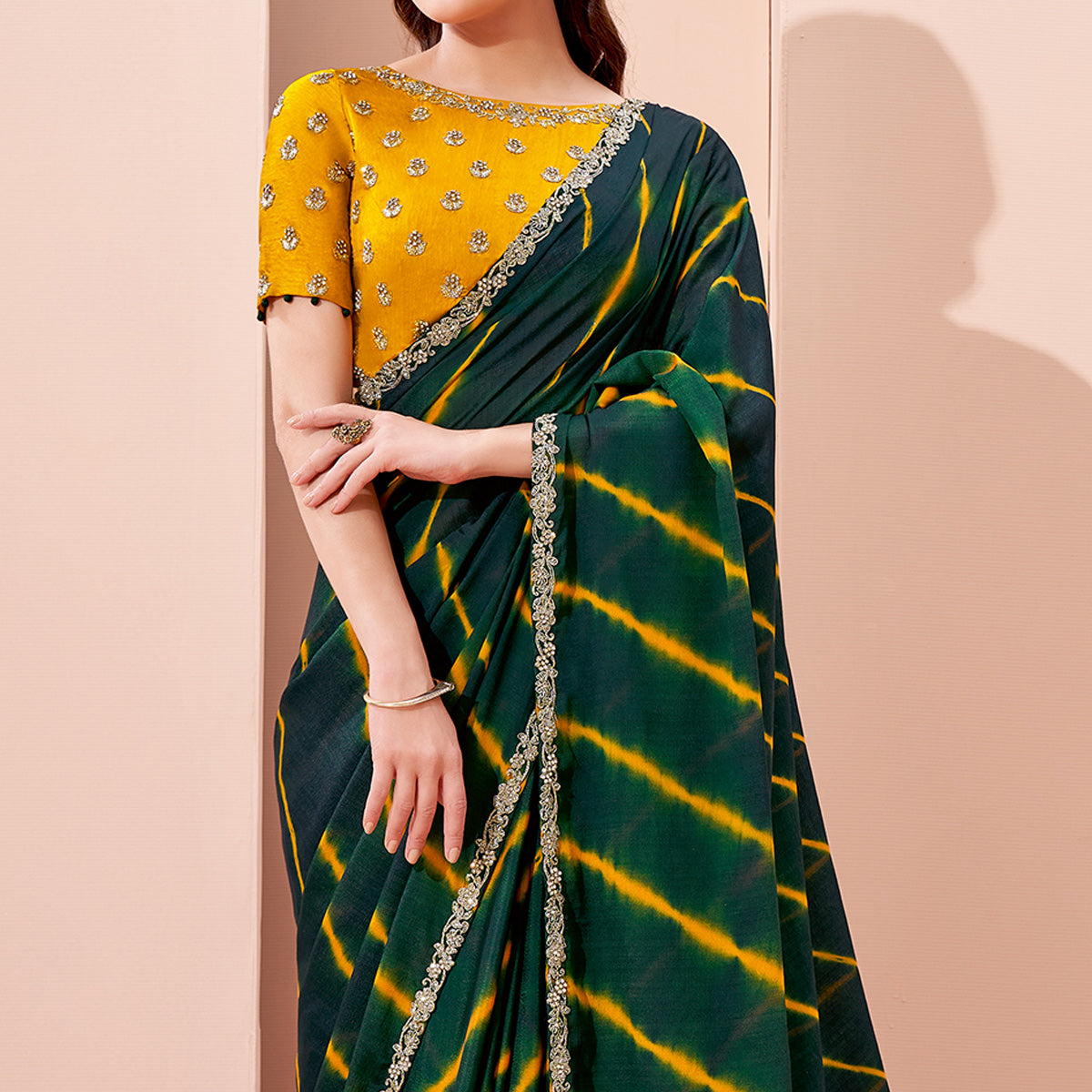 Bottle Green Printed With Embroidered Georgette Saree