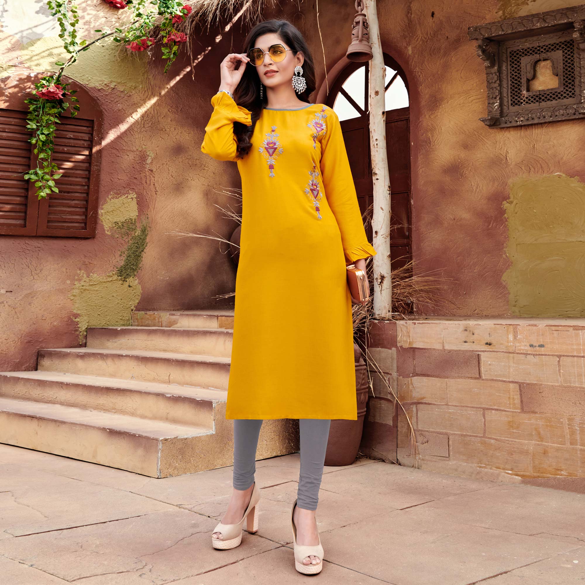 Yellow Floral Embroidered Rayon Kurti