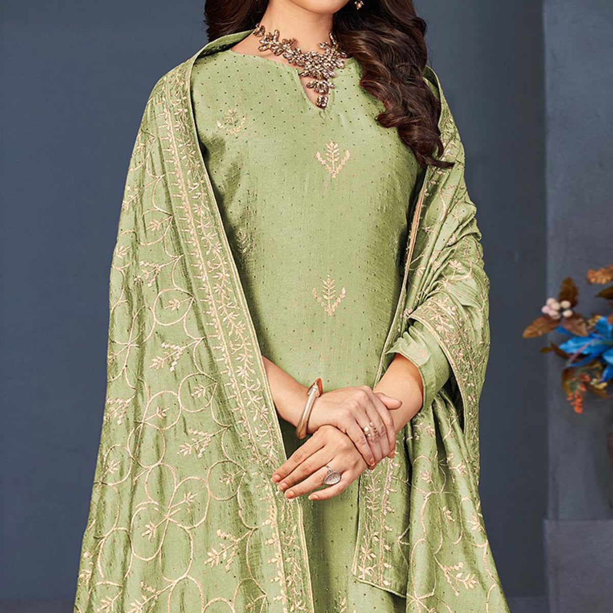 Pista Green Sequins Embroidered Dola Silk Suit