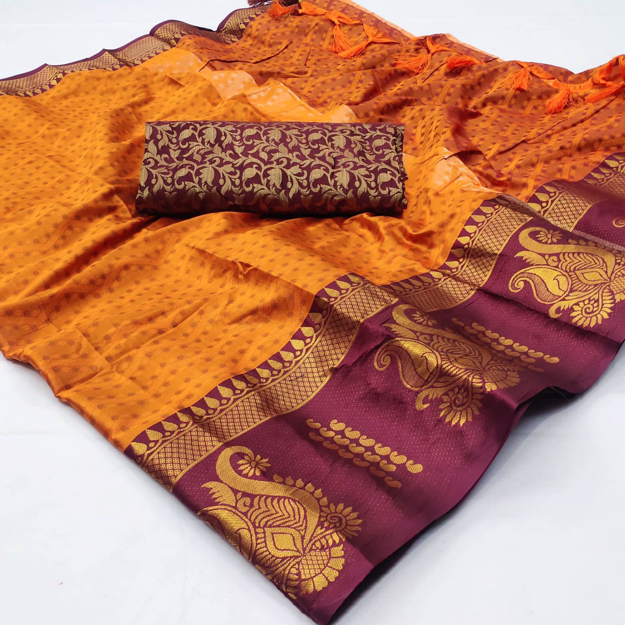 Orange Woven Cotton Silk Saree With Tassels