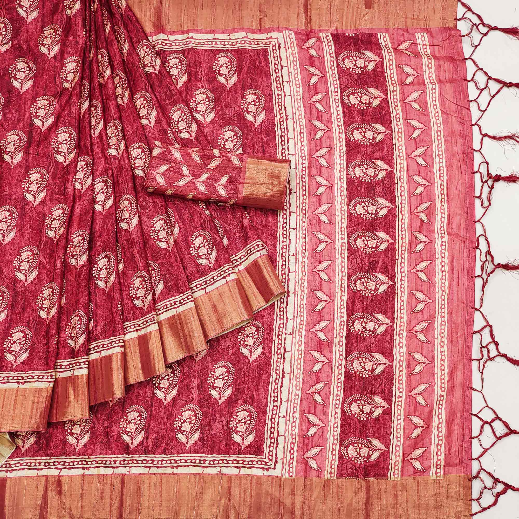 Pink Floral Printed Matka Tussar Saree With Tassels