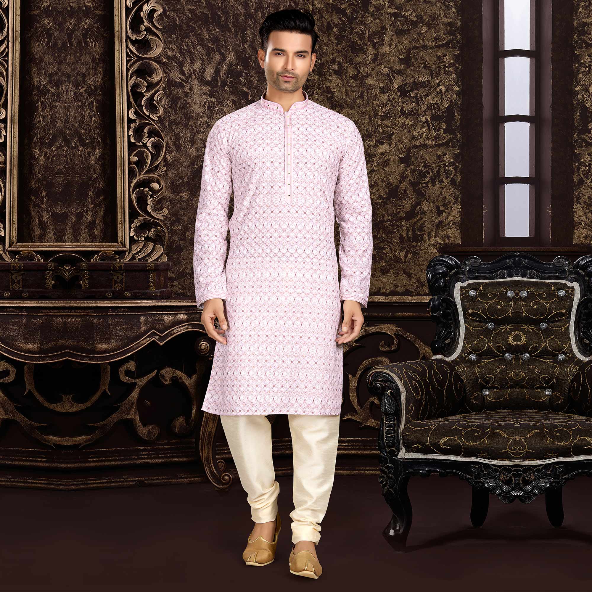 Pink Lucknowi And Digital Printed Cotton Kurta Pyjama Set