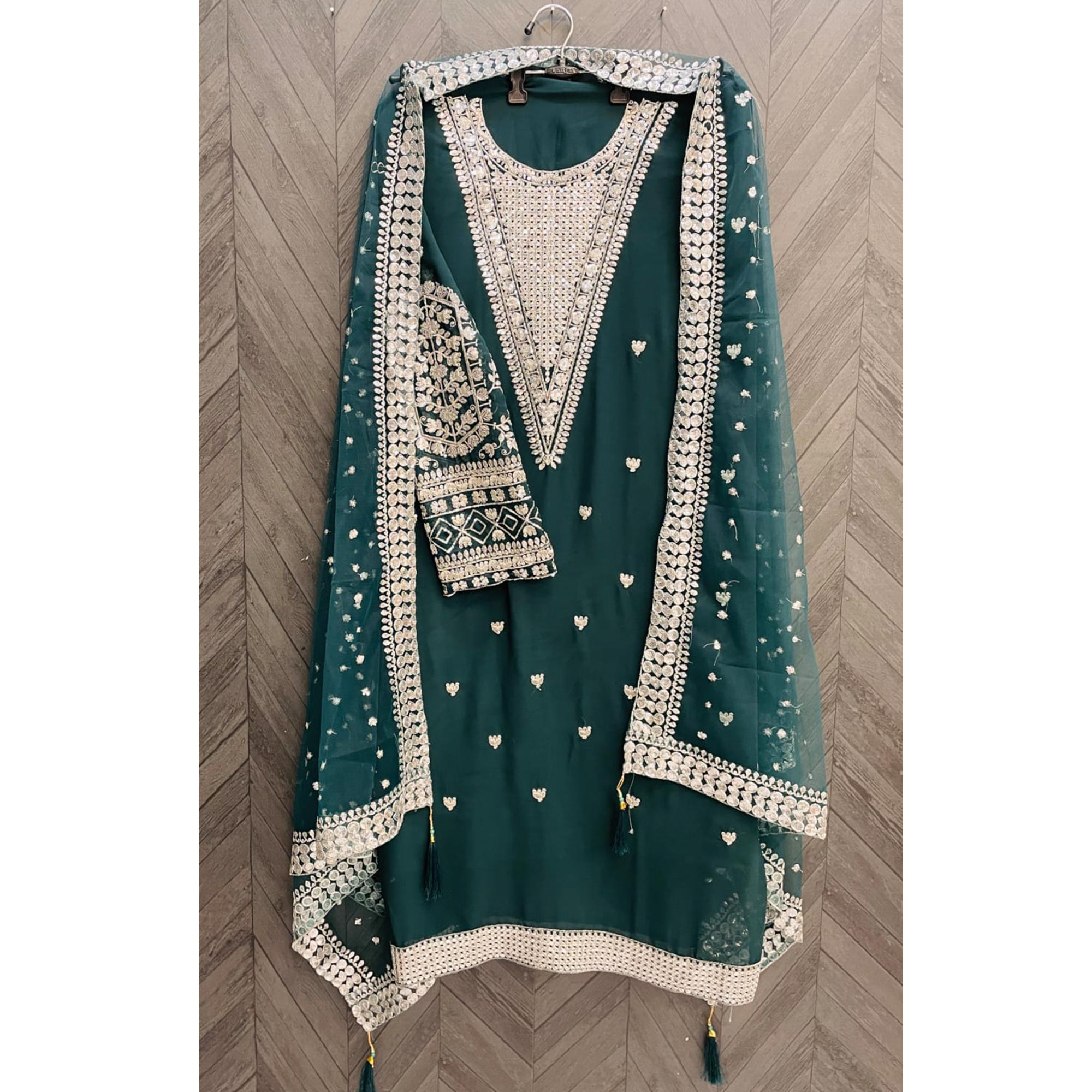 Green Sequins Embroidered Georgette Pakistani Suit