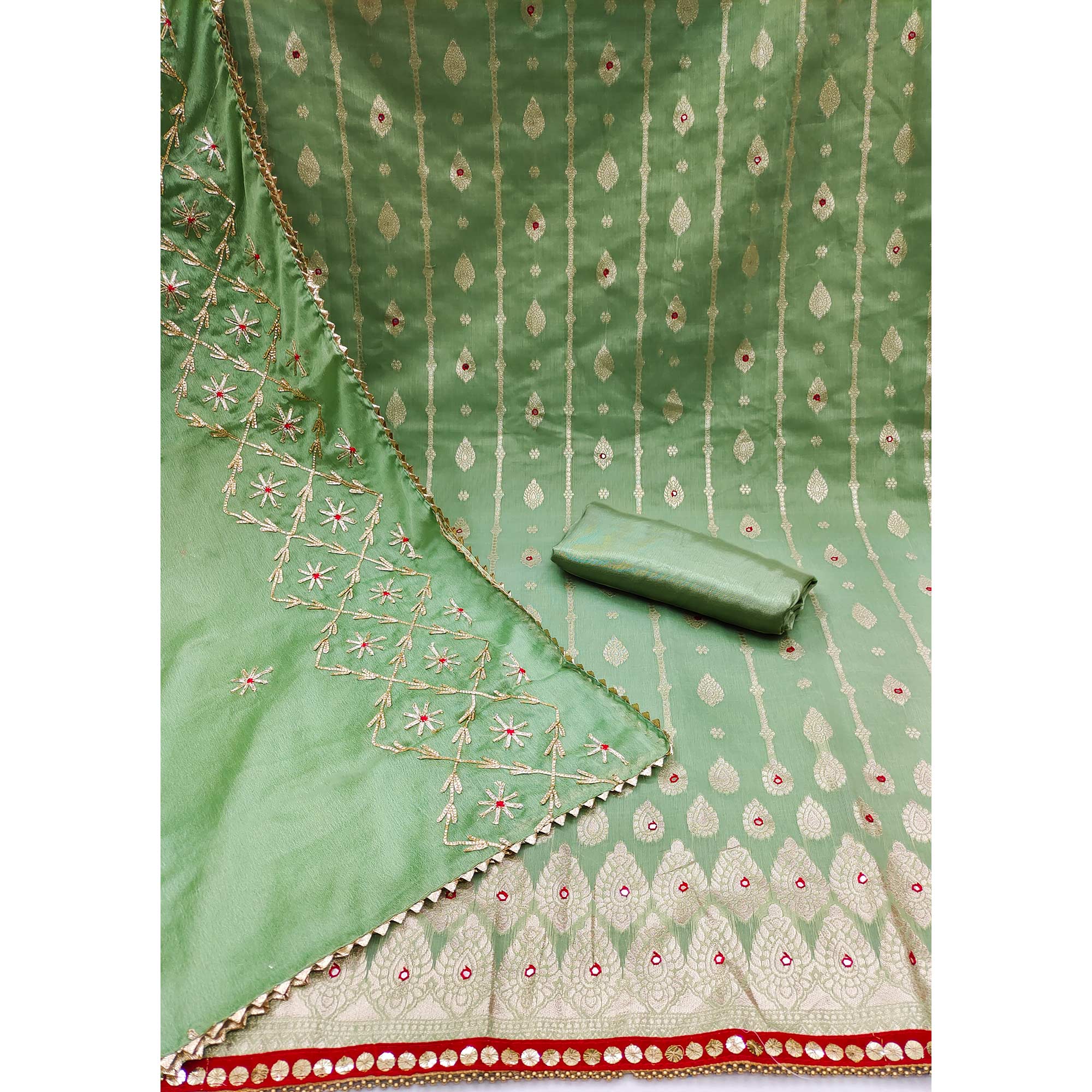 Green Woven Banarasi Silk Dress Material