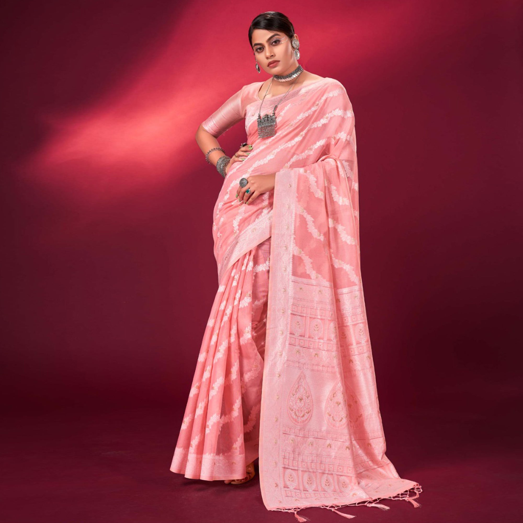 Pink Woven Cotton Silk Saree With Tassels