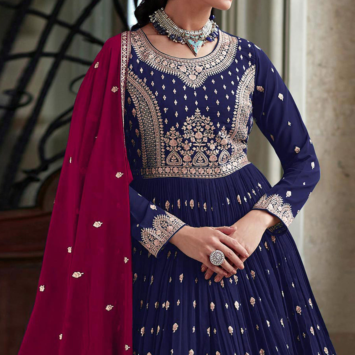 Navy Blue Floral Embroidered Georgette Sharara Suit