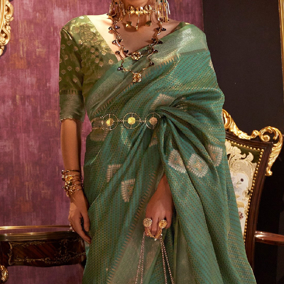 Green Woven Art Silk Saree With Tassels