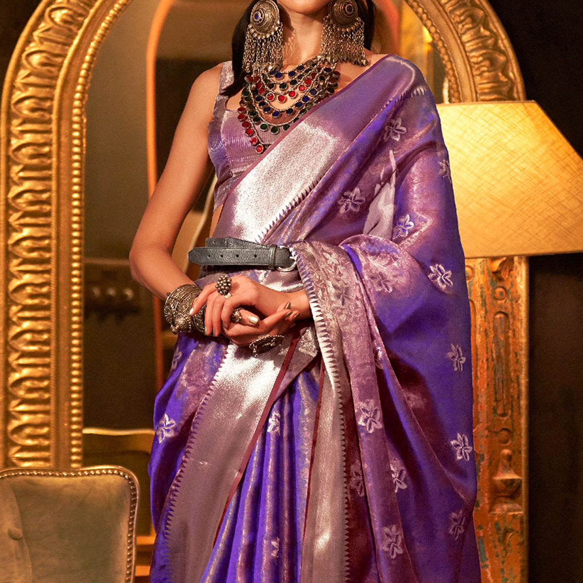 Purple Woven Organza Saree With Tassels