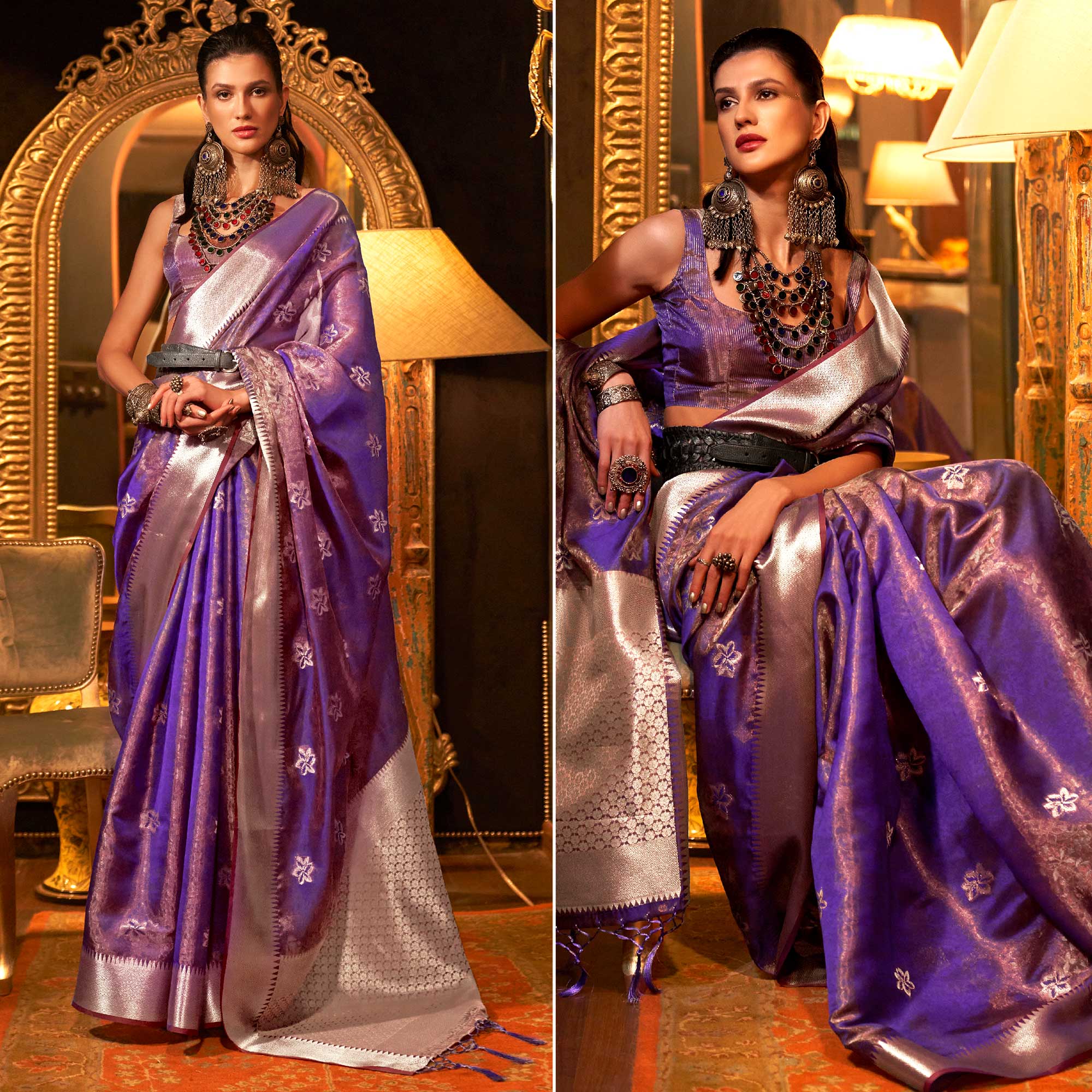 Purple Woven Organza Saree With Tassels
