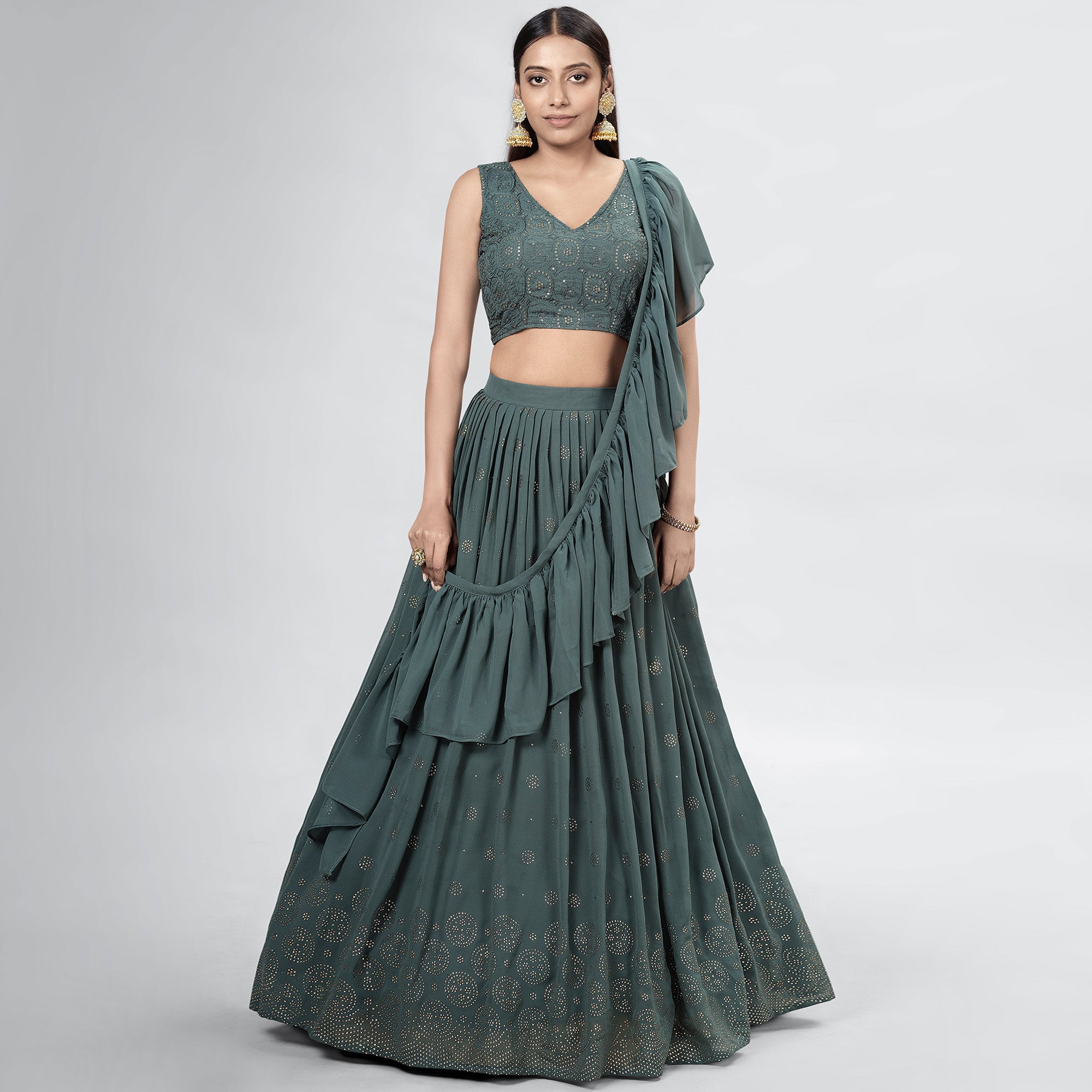Dark Grey Embellished With Embroidered Georgette Lehenga Choli