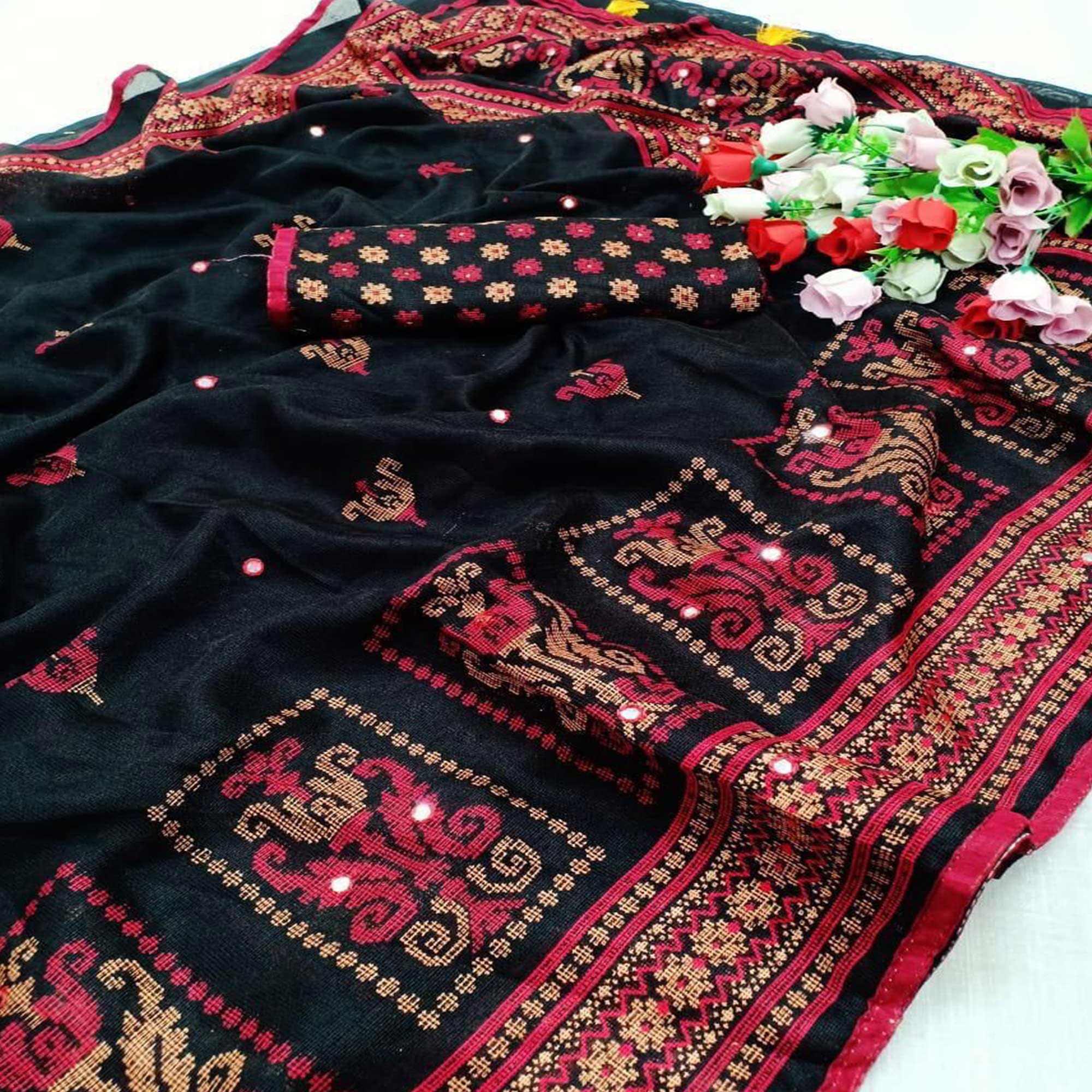 Black Printed With Mirror Work Jute Saree