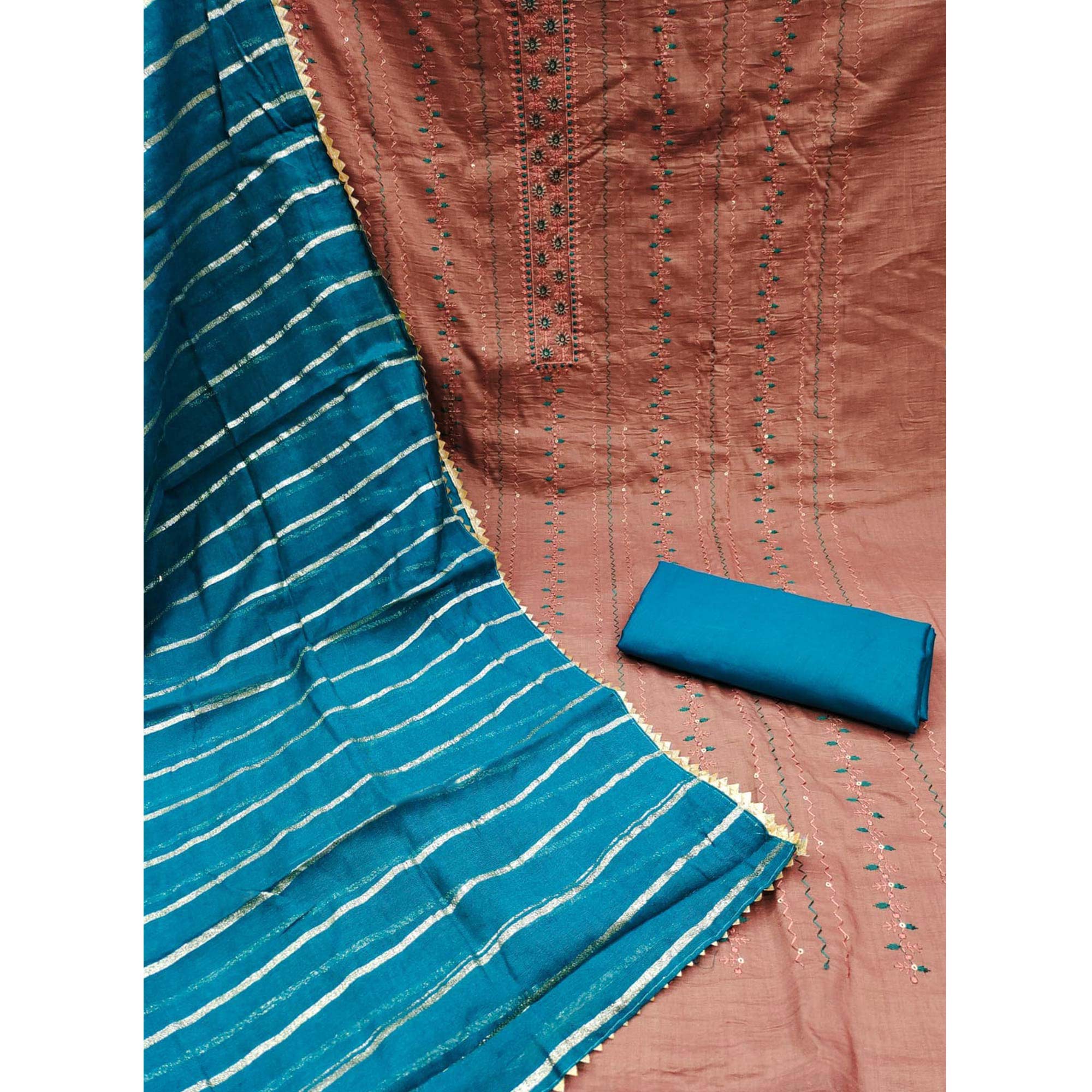 Copper Rust Sequins Embroidered Cotton Blend Dress Material