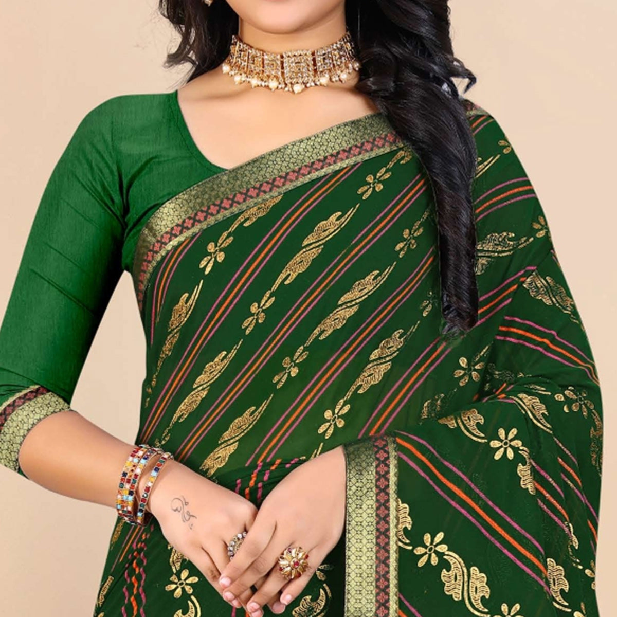 Green Foil Printed Georgette Saree