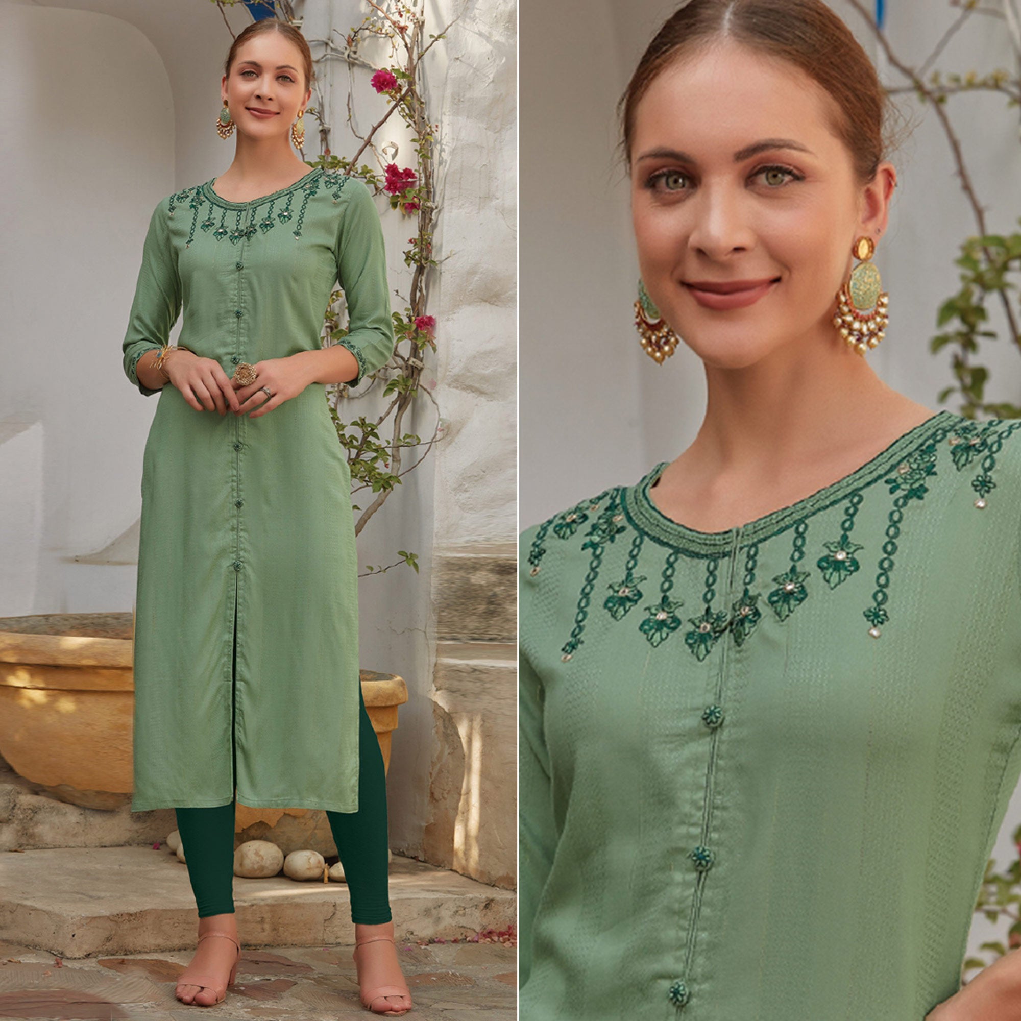 Green Floral Embroidered Cotton Blend Kurti