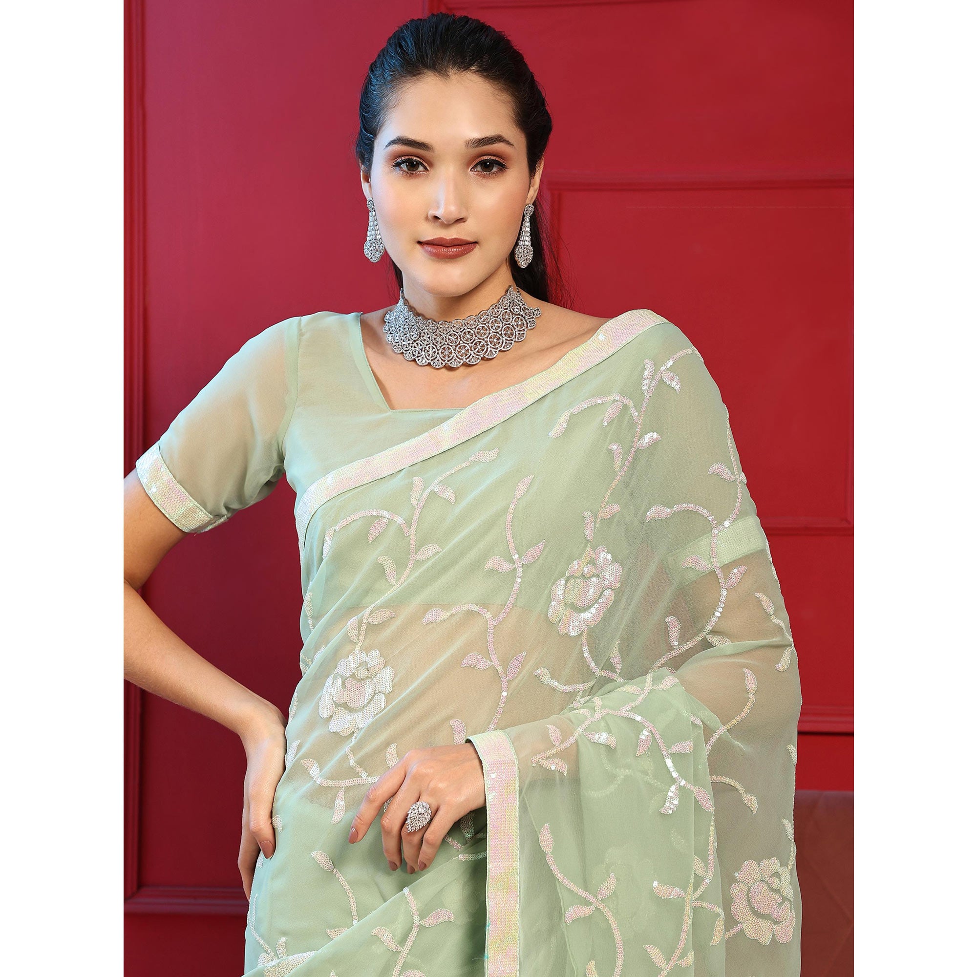 Green Sequins Embroidered Georgette Saree