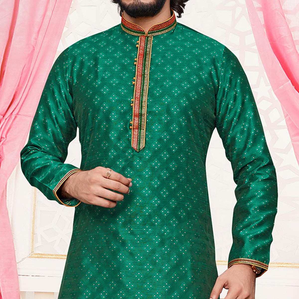 Green Woven Jacquard Kurta Pyjama Set